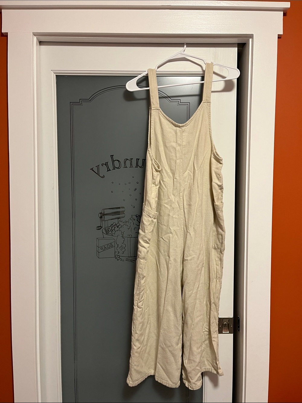Beige Wide-Leg Cotton Blend Jumpsuit